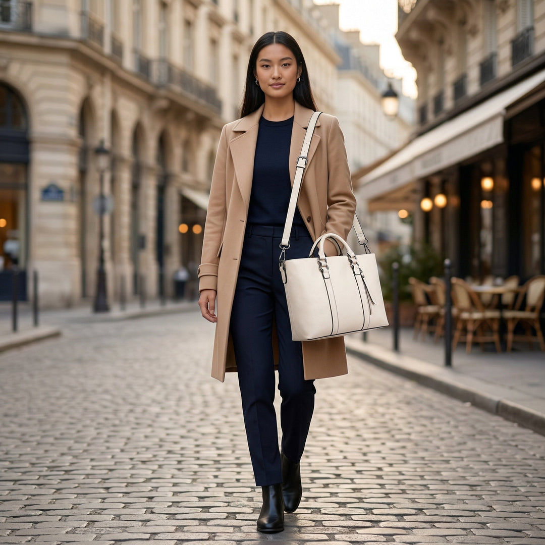 Frau trägt Schultertasche Creme am Schulterriemen, elegantes Outfit, Stadtkulisse