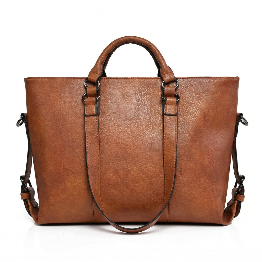 Schultertasche Cognac Rückansicht, glatte Rückseite mit Schulterriemen