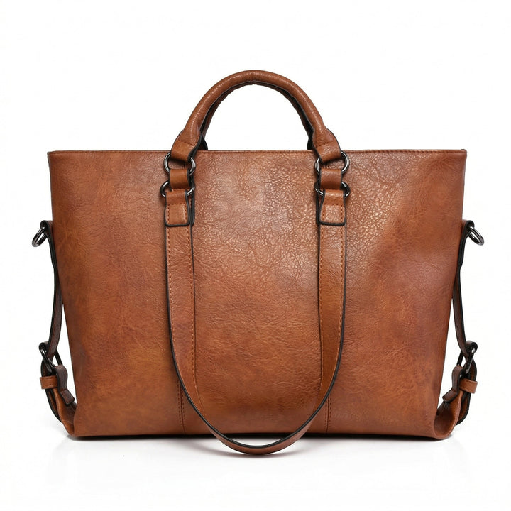 Schultertasche Cognac Rückansicht, glatte Rückseite mit Schulterriemen
