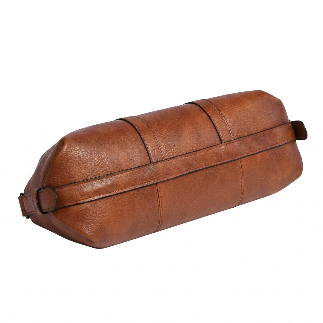 Schultertasche Cognac Unterseite, parallele Bodennähte und Tiefe erkennbar