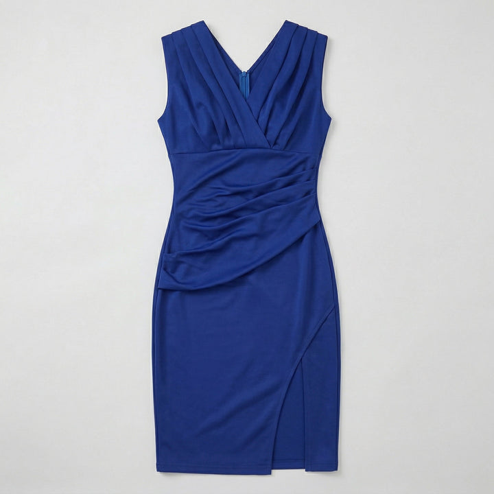 Königsblaues Cocktailkleid Flat-Lay, gerüschte Taille, V-Ausschnitt vorne