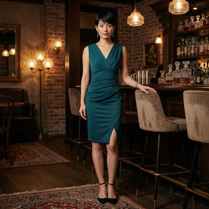 Petrol-farbenes Cocktailkleid in Restaurant-Ambiente, Ganzkörper-Frontansicht