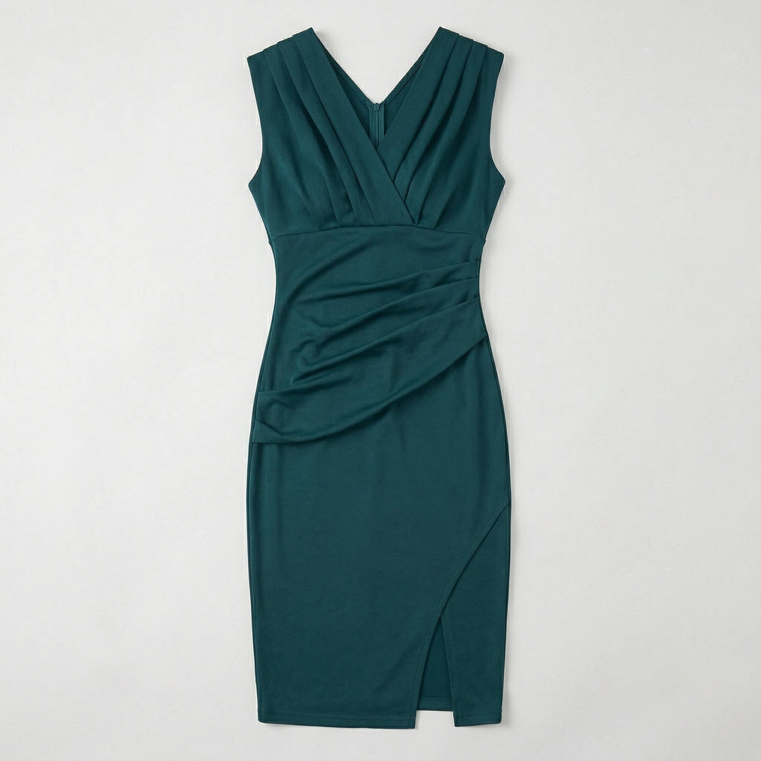 Petrol Cocktailkleid Flat-Lay, gerüschte Taille, Schlitz unten sichtbar