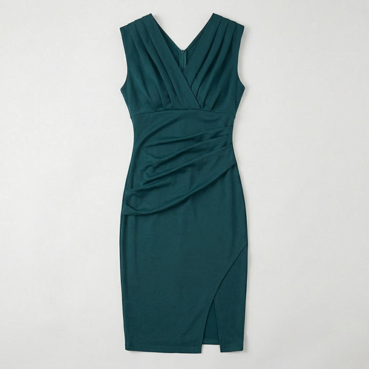 Petrol Cocktailkleid Flat-Lay, gerüschte Taille, Schlitz unten sichtbar