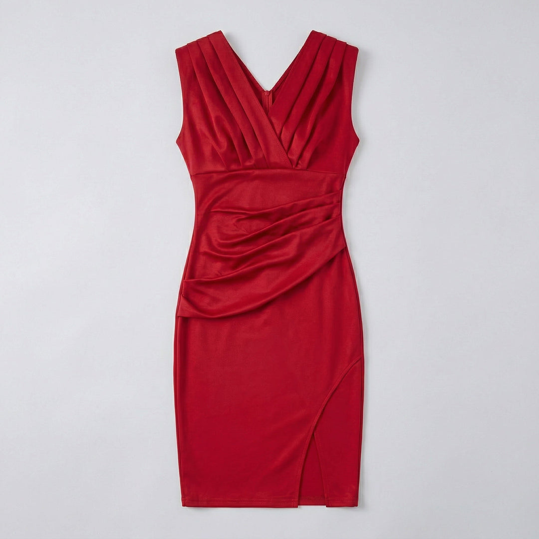 Bordeaux Cocktailkleid Flat-Lay, Satin-Optik, V-Ausschnitt, Schlitz vorne