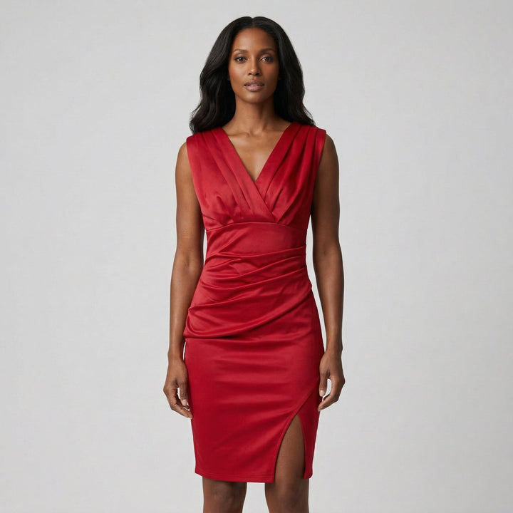 Figurbetontes Cocktailkleid Bordeaux, Satin-Optik, V-Ausschnitt, Frontansicht