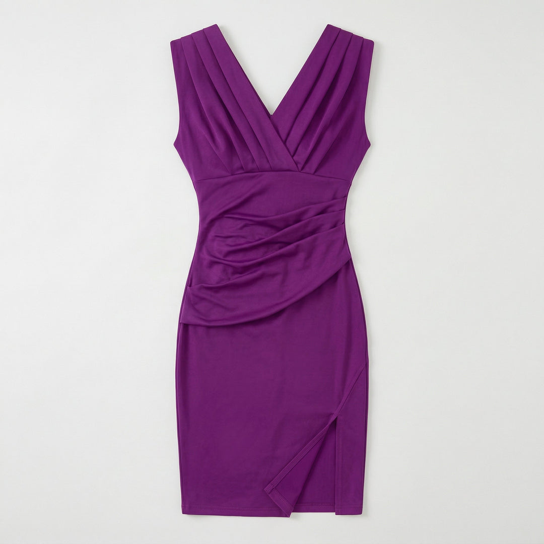 Lila Cocktailkleid Flat-Lay, gerüschte Taille, V-Ausschnitt, Schlitz