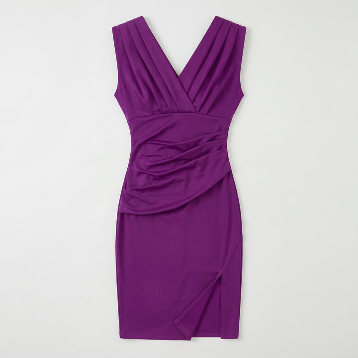 Lila Cocktailkleid Flat-Lay, gerüschte Taille, V-Ausschnitt, Schlitz
