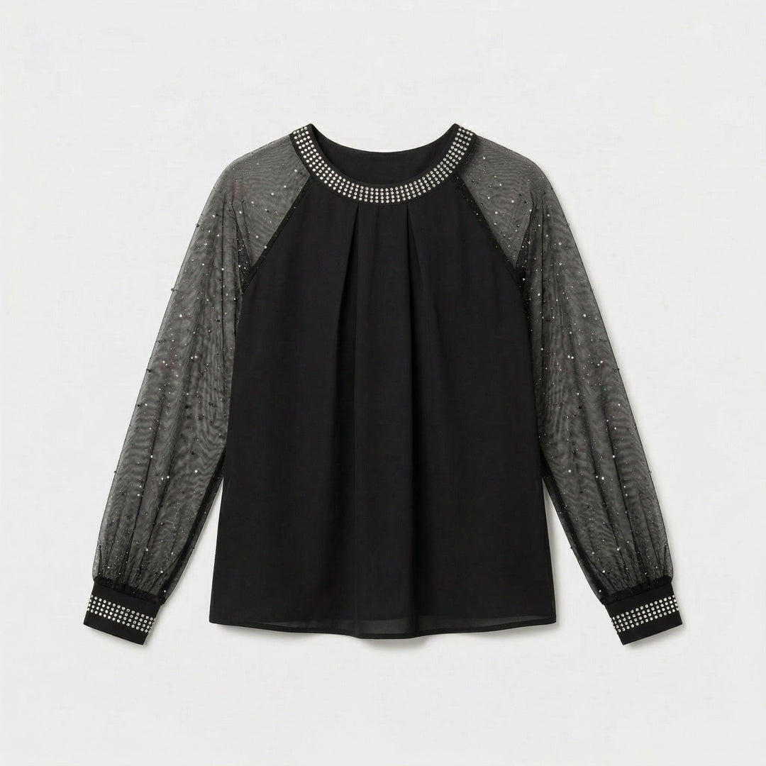 Schwarzes Mesh-Top mit Strass-Ärmeln und Strass-Halsausschnitt, Flat-Lay