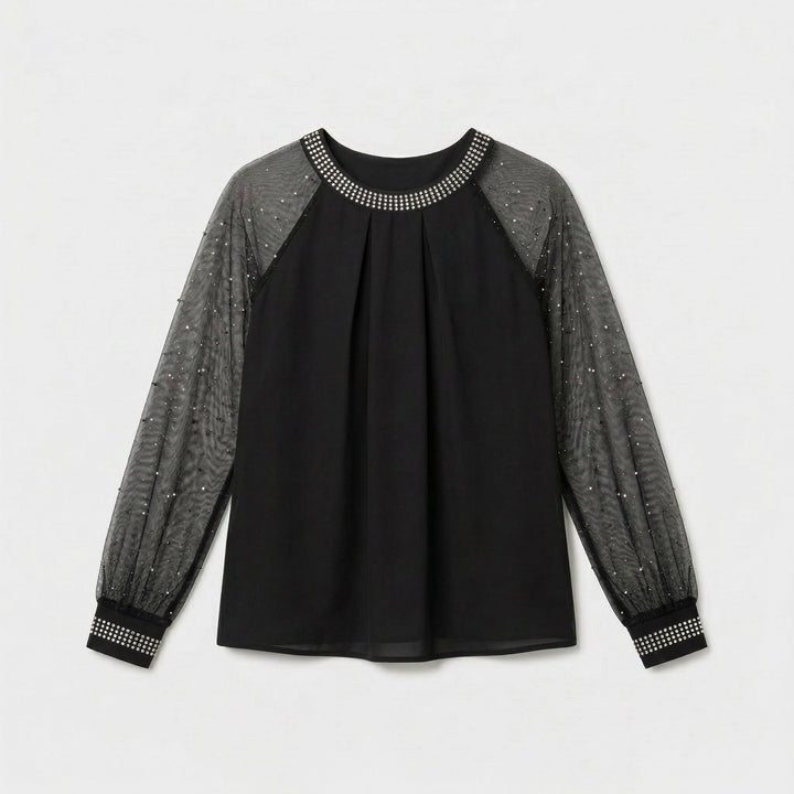 Schwarzes Mesh-Top mit Strass-Ärmeln und Strass-Halsausschnitt, Flat-Lay