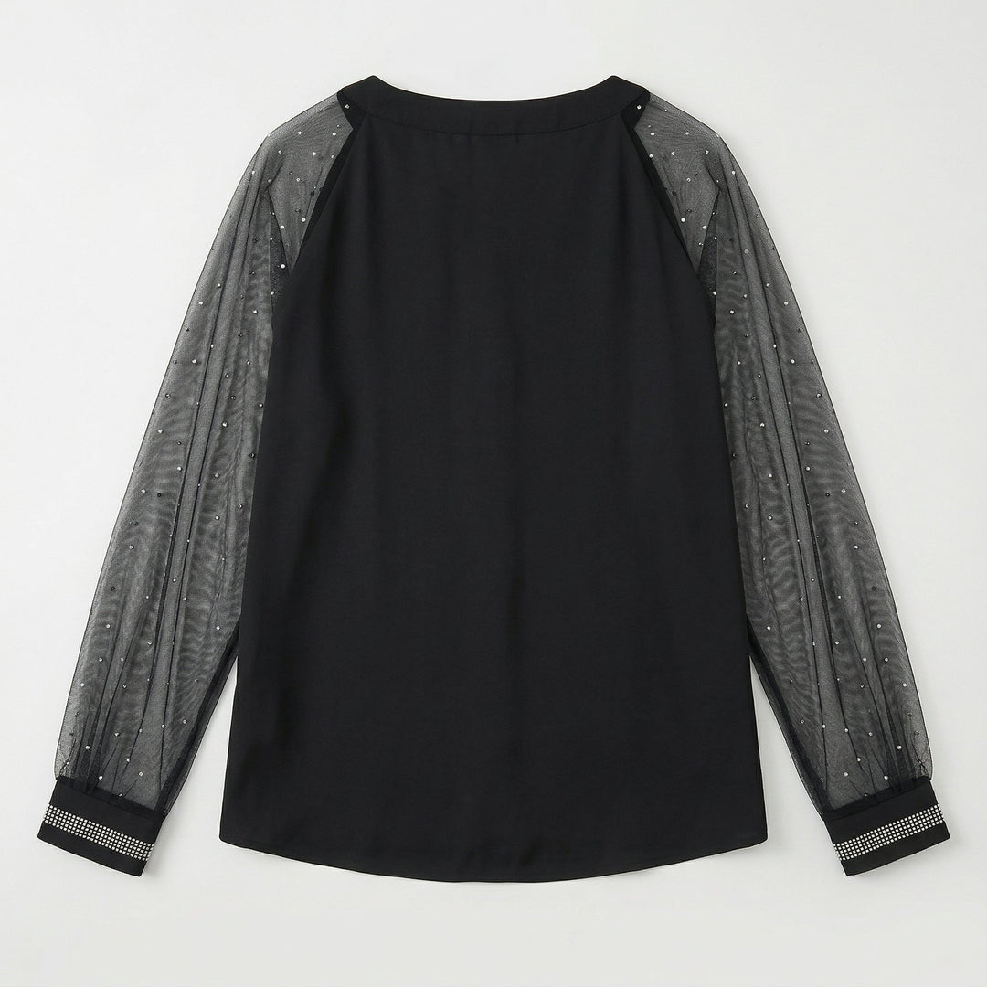Schwarzes Mesh-Top mit Strass-Ärmeln, Rückseite Flat-Lay
