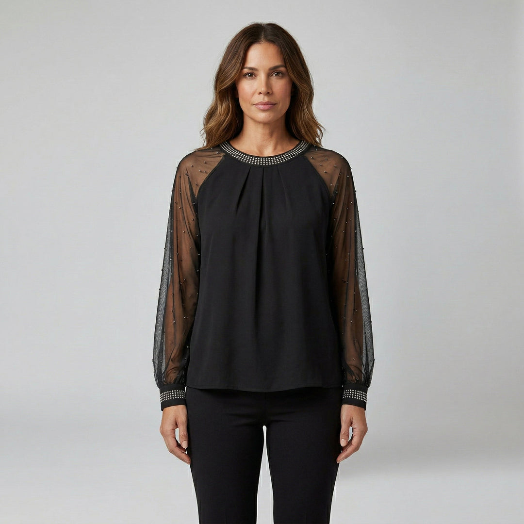 Schwarzes Mesh-Top mit Strass-Ärmeln, Rundhals, Vorderansicht