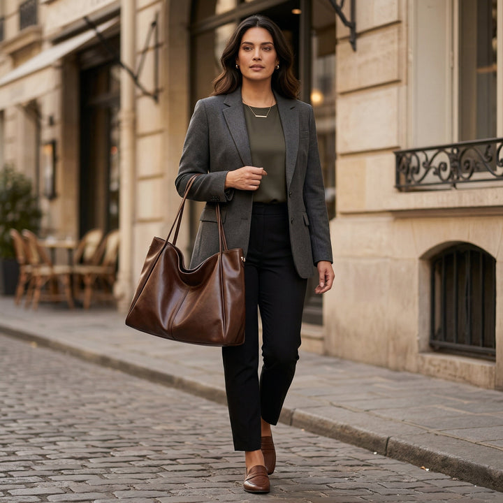 Model trägt dunkelbraune Shopper-Tasche zum Business-Outfit, Straßenstyle