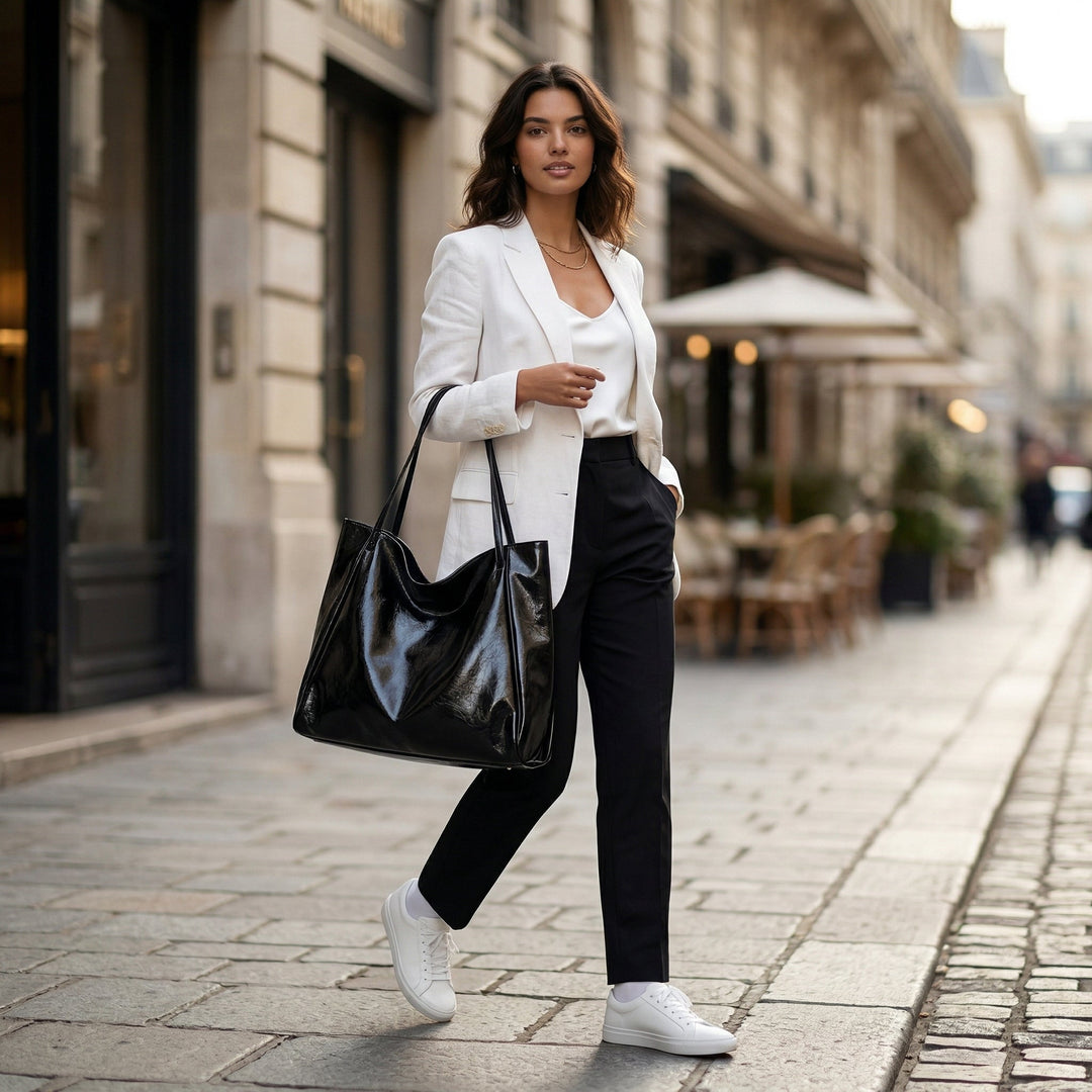 Model trägt schwarze Shopper-Tasche zum weißen Blazer-Outfit, Stadtlook