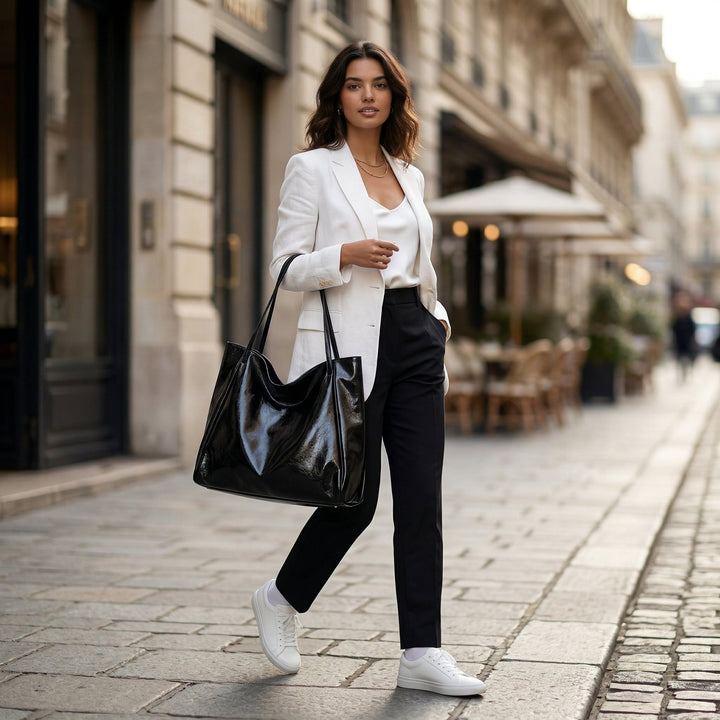 Model trägt schwarze Shopper-Tasche zum weißen Blazer-Outfit, Stadtlook
