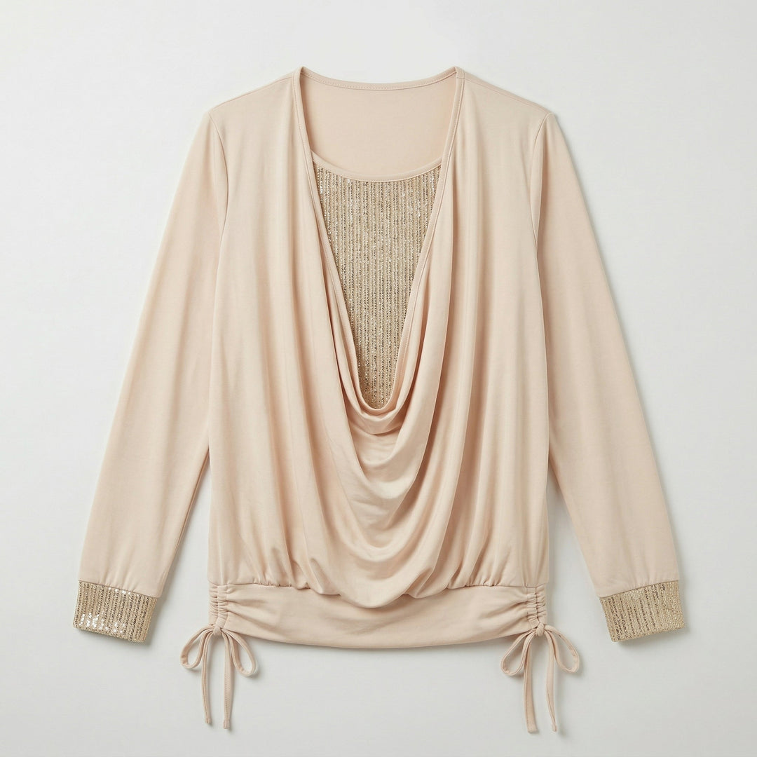 Langarmbluse in Beige, Flat-Lay mit Wasserfallausschnitt und Raffdetails