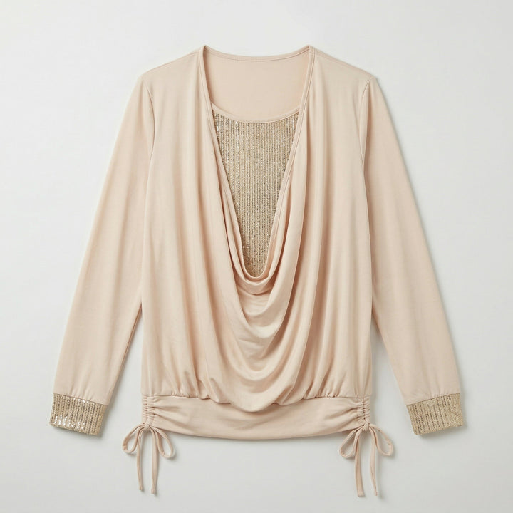 Langarmbluse in Beige, Flat-Lay mit Wasserfallausschnitt und Raffdetails