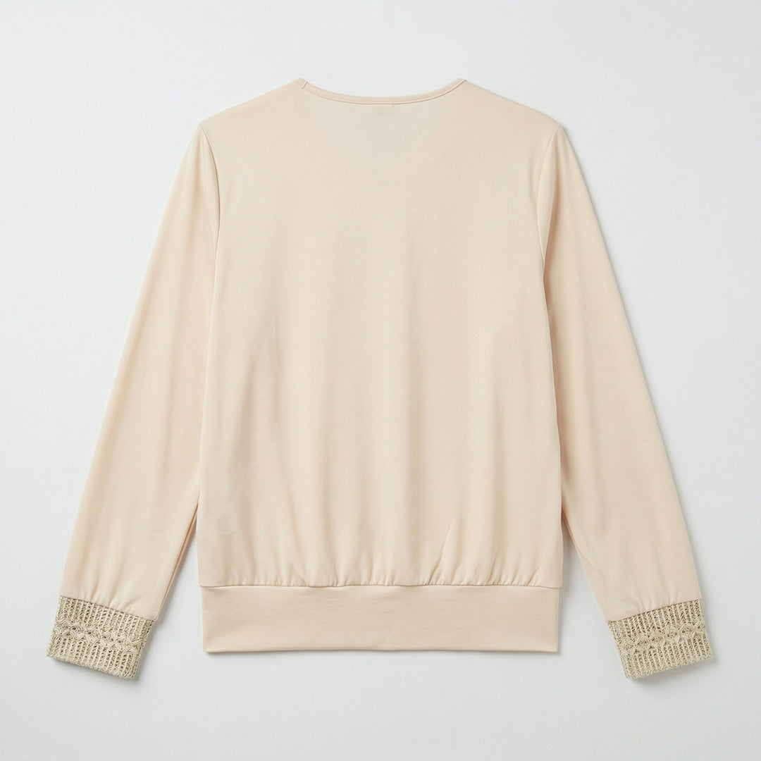 Rückseite Langarmbluse in Beige mit Pailletten-Manschetten, Flat-Lay