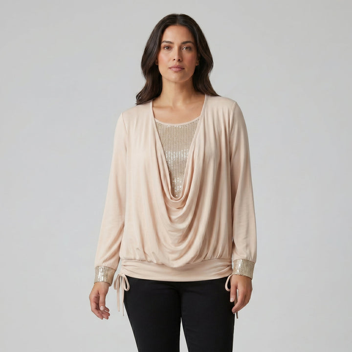 Langarmbluse mit Wasserfallausschnitt und Paillettenbesatz in Beige, Vorderansicht