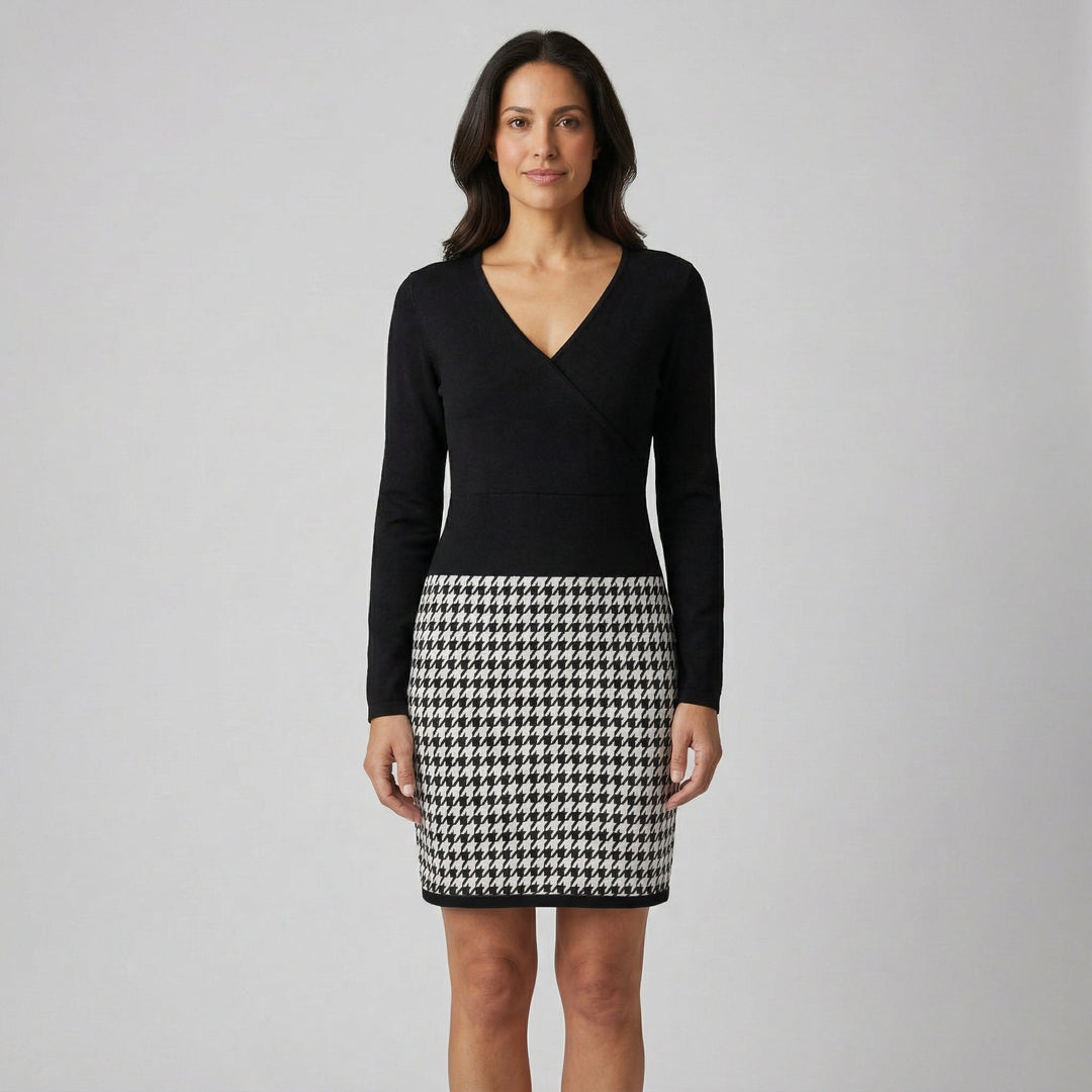 Minikleid mit V-Ausschnitt, schwarzes Oberteil, Hahnentritt-Rock, Frontansicht
