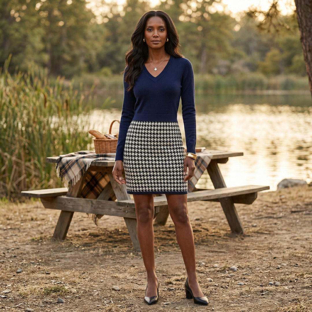 Strickkleid Dunkelblau, Outdoor-Setting am See, Ganzfigur