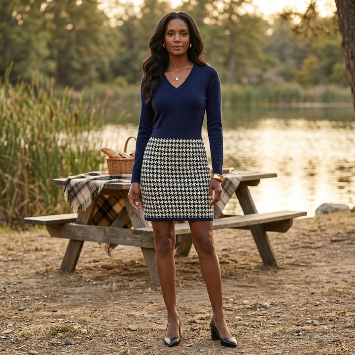 Strickkleid Dunkelblau, Outdoor-Setting am See, Ganzfigur