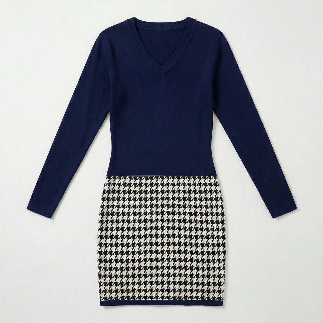 Minikleid Dunkelblau liegend, V-Ausschnitt und Hahnentritt-Rock von vorne