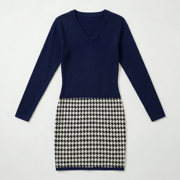 Minikleid Dunkelblau liegend, V-Ausschnitt und Hahnentritt-Rock von vorne