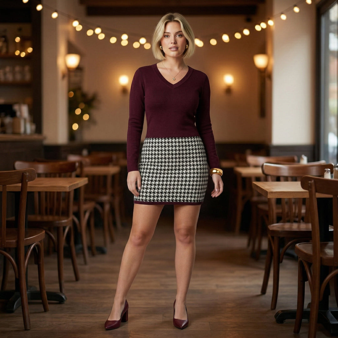 Strickkleid Weinrot, Restaurant-Setting, Ganzfigur mit passenden Pumps