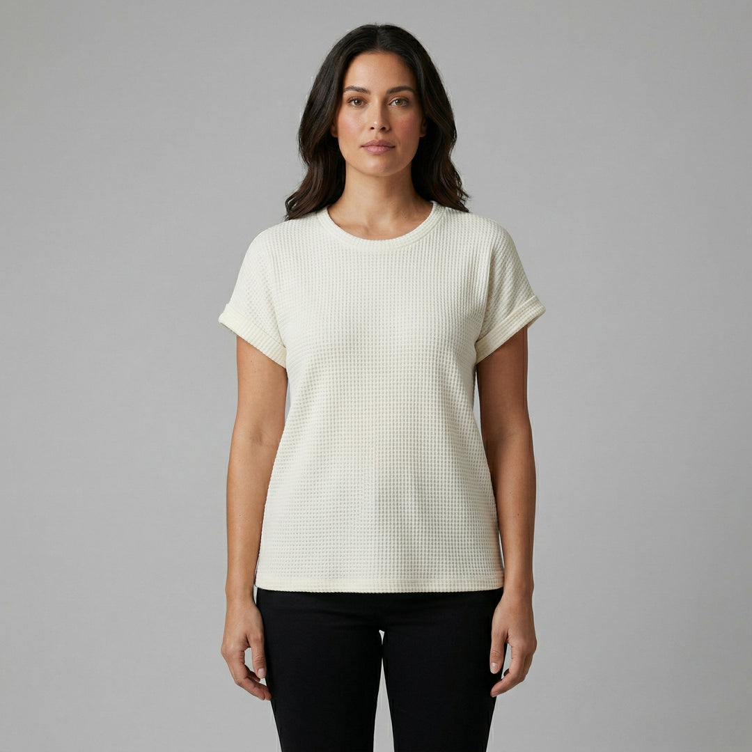 Damen Waffelpiqué-Shirt cremeweiß Rundhals Vorderansicht