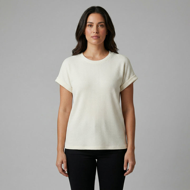 Damen Waffelpiqué-Shirt cremeweiß Rundhals Vorderansicht