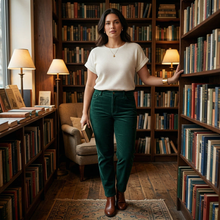 Waffelpiqué-Shirt cremeweiß mit dunkelgrüner Hose in Bibliothek