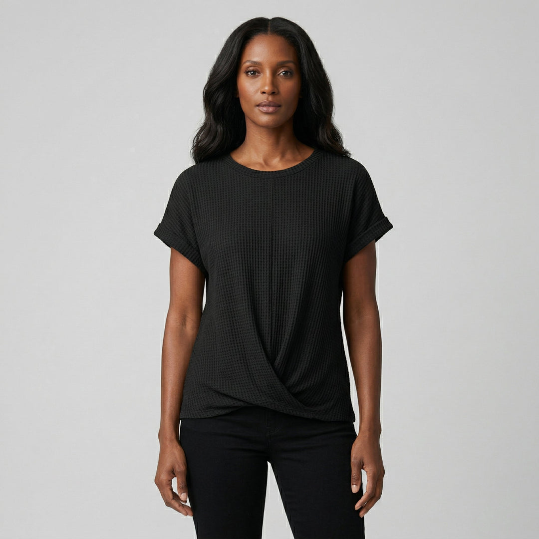 Damen Waffelpiqué-Shirt schwarz vorne geknotet Twist-Styling