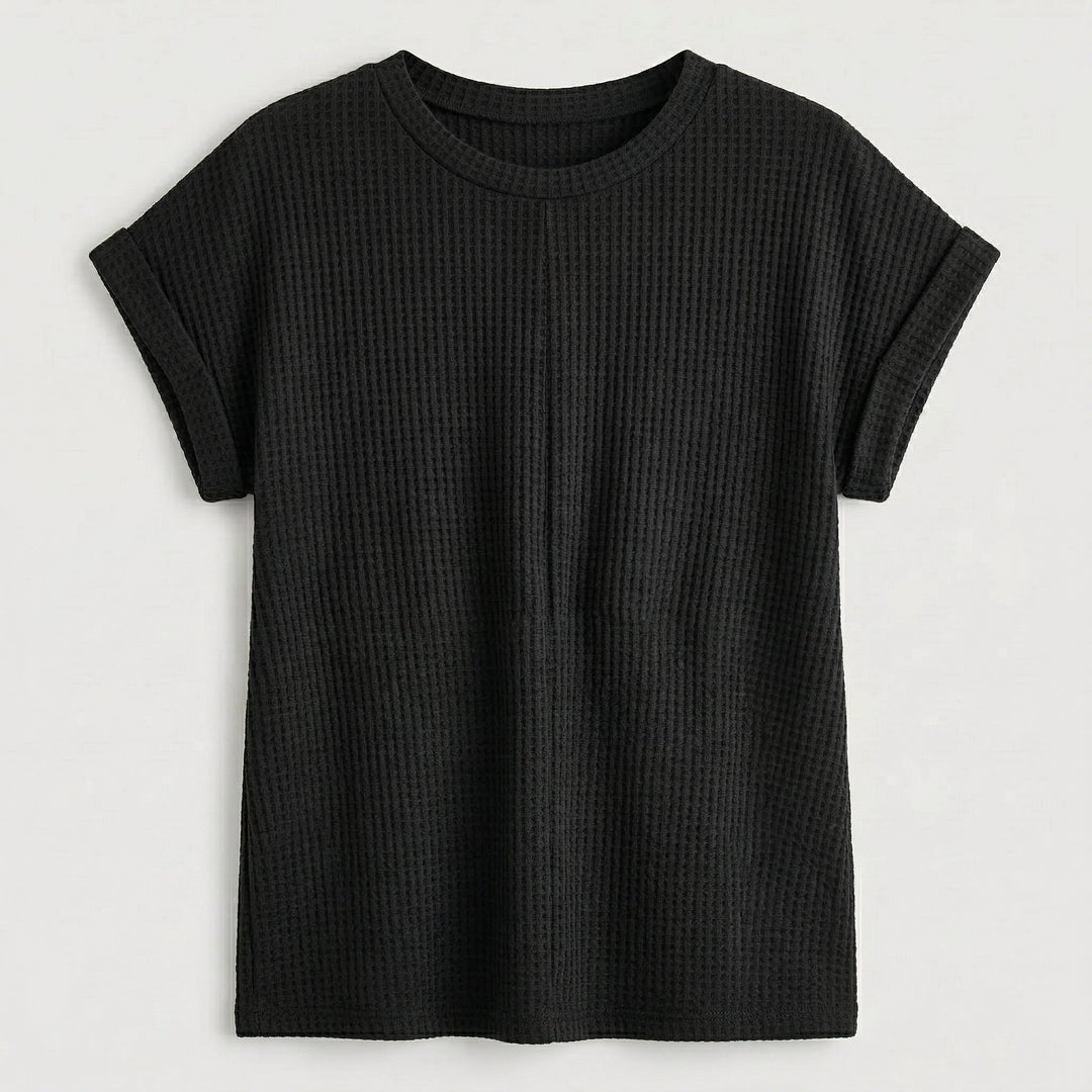 Waffelpiqué-Shirt schwarz flach liegend Mittelnaht sichtbar