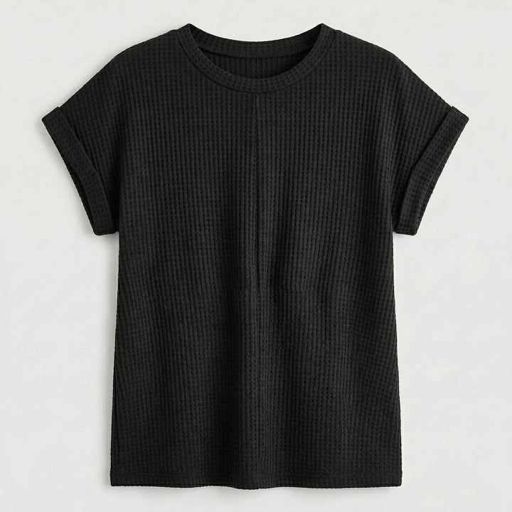 Waffelpiqué-Shirt schwarz flach liegend Mittelnaht sichtbar