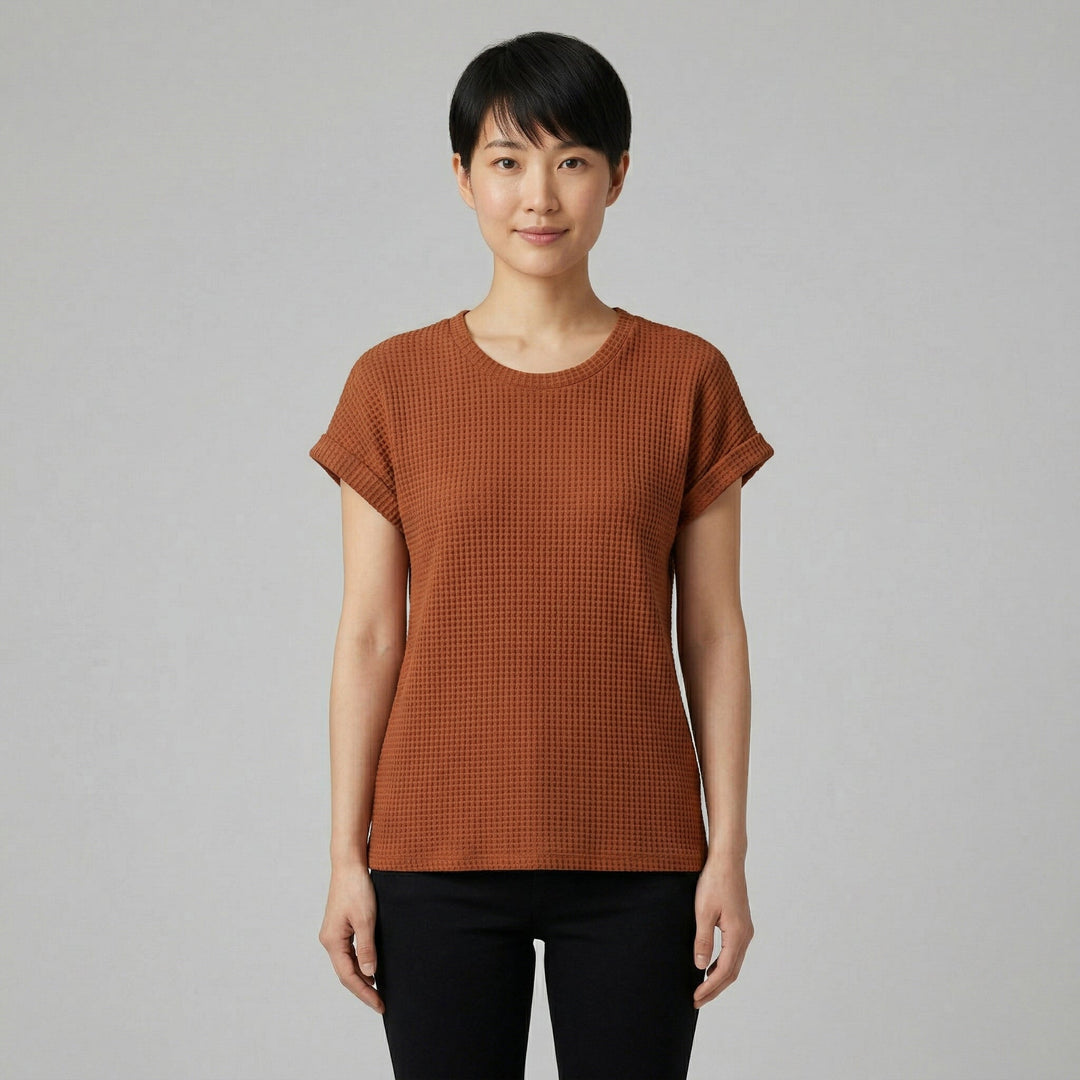 Damen Waffelpiqué-Shirt rostbraun Rundhals Vorderansicht