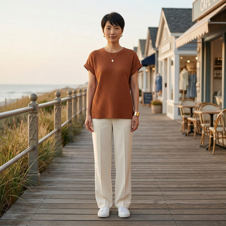 Waffelpiqué-Shirt rostbraun mit Leinenhose an Strandpromenade