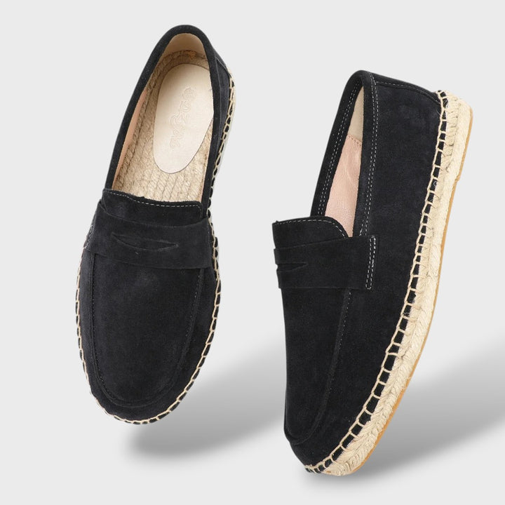 Herren Espadrille Loafer schwarz, Wildleder-Optik mit Ziernaht, Draufsicht