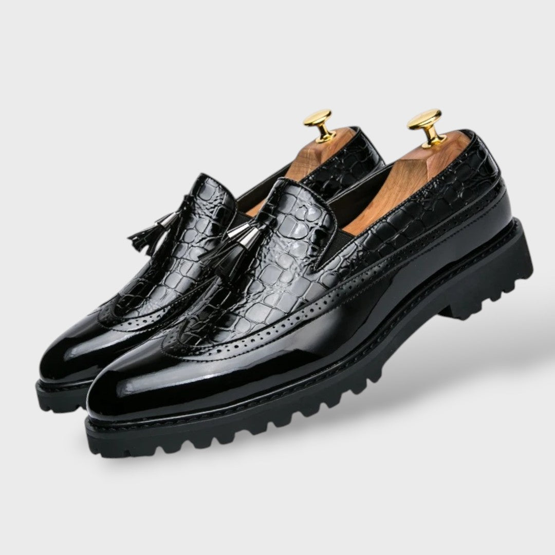 Schwarze Herren-Loafer mit Krokodilprägung und Fransen-Detail
