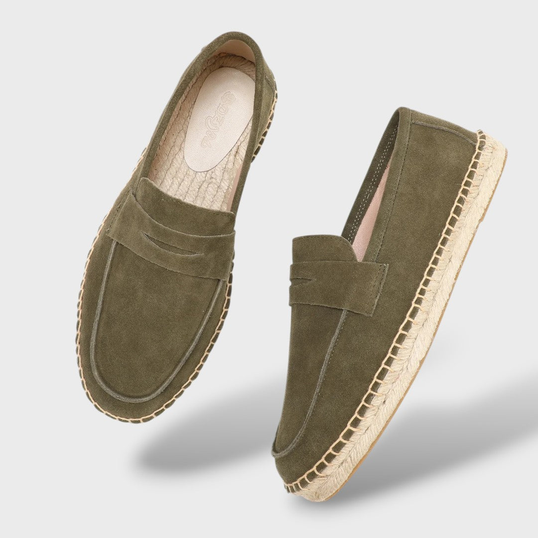 Herren Espadrille Loafer olivgrün, Wildleder-Optik mit Ziernaht, Draufsicht