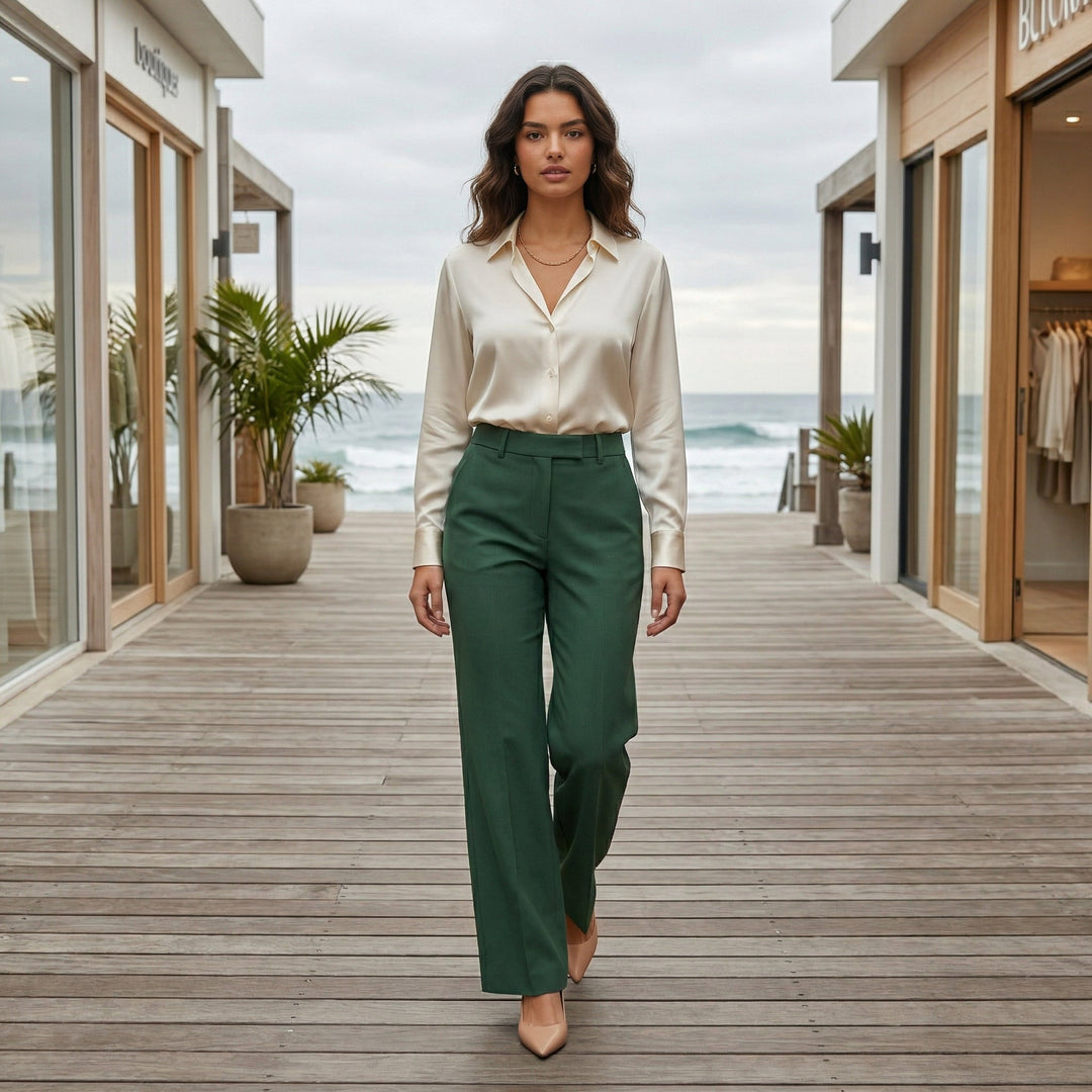 Palazzohose Grün im Streetstyle mit cremefarbener Satin-Bluse