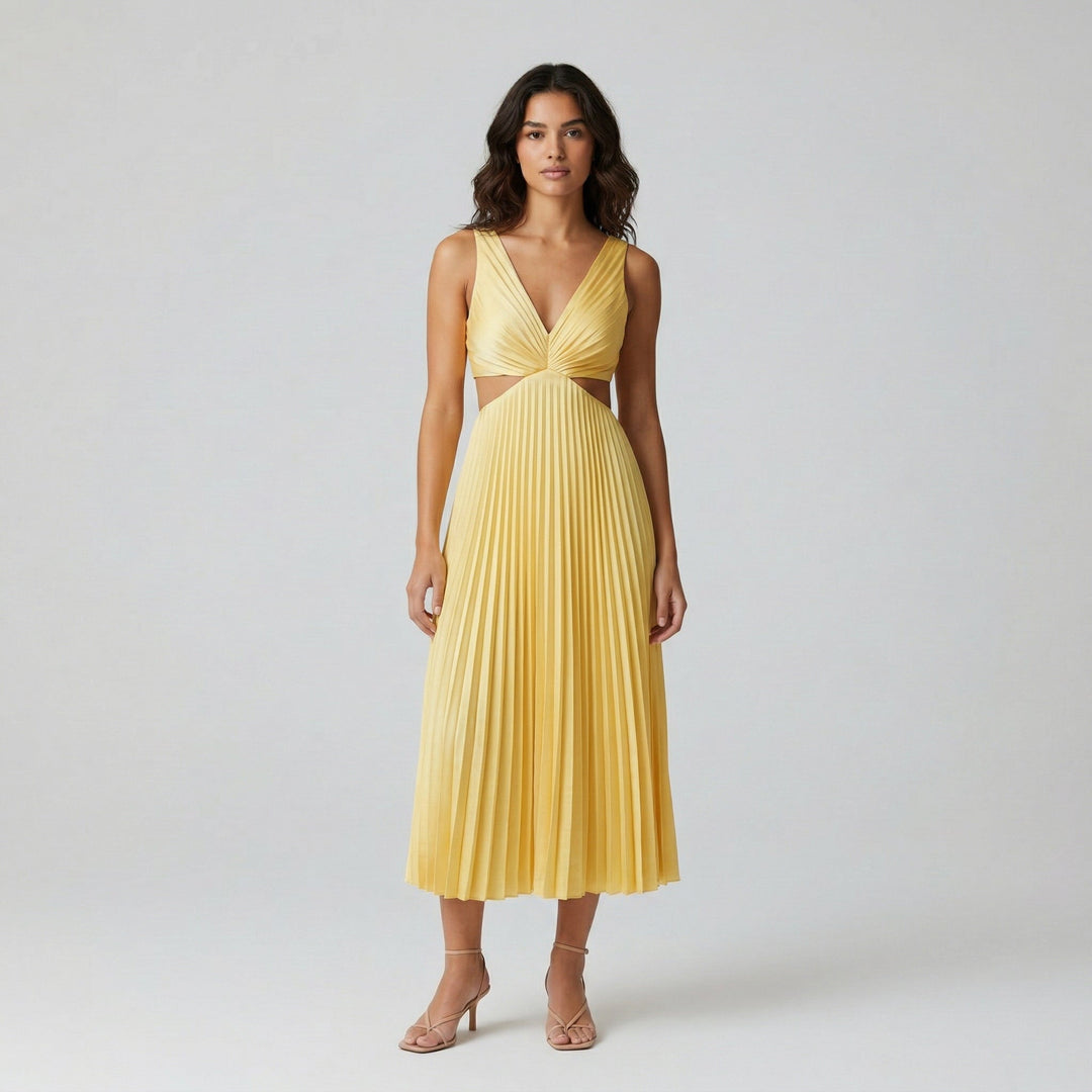 Gelbes Midikleid mit V-Ausschnitt, Falten und seitlichem Cutout, Vorderansicht