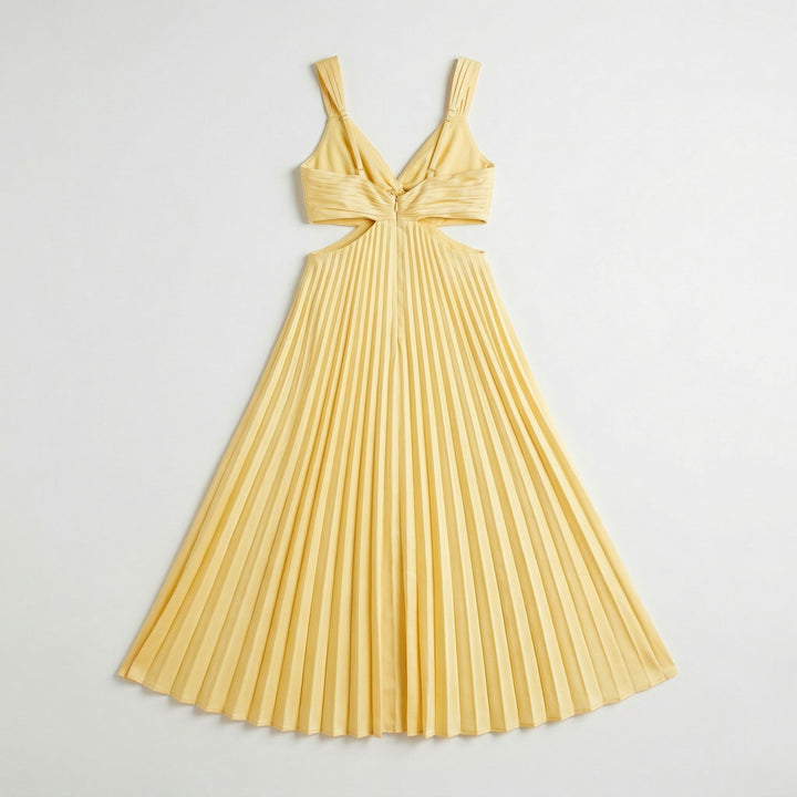 Gelbes Midikleid mit rückenfreiem Detail und Plisseerock, Rückenansicht Produktfoto