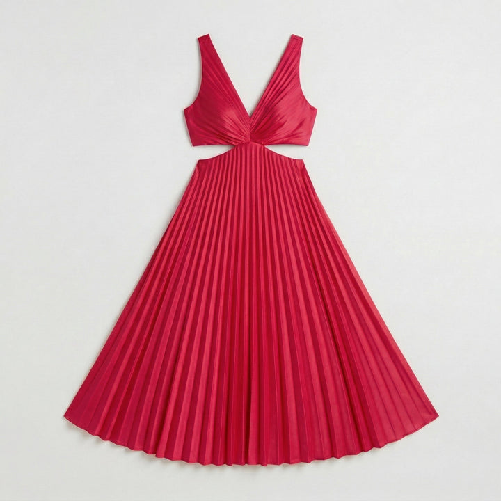 Pinkes Midikleid mit V-Ausschnitt, seitlichem Cutout und Plisseerock, Produktansicht