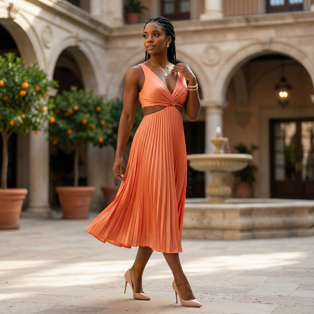 Orangefarbenes Midikleid mit V-Ausschnitt und Plisseerock, Styling-Aufnahme im Freien