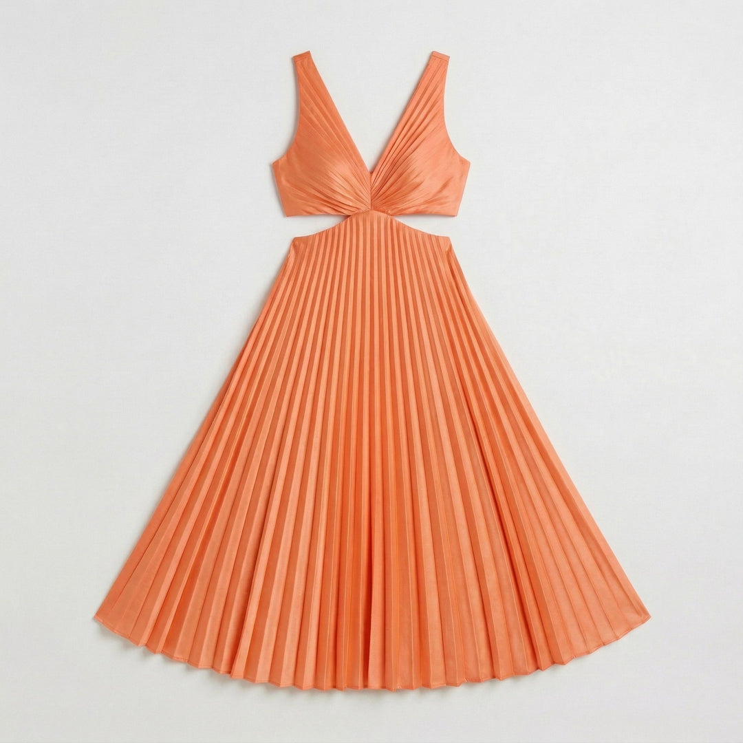 Orangefarbenes Midikleid mit V-Ausschnitt, seitlichem Cutout und Plisseerock, Produktansicht
