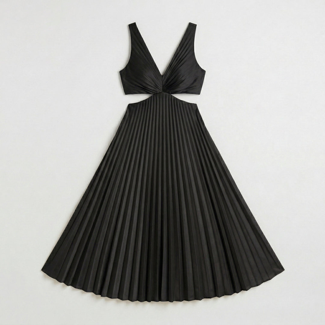 Schwarzes Midikleid mit V-Ausschnitt, seitlichem Cutout und Plisseerock, Produktansicht