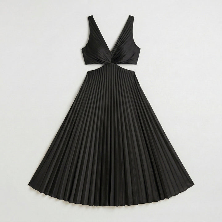 Schwarzes Midikleid mit V-Ausschnitt, seitlichem Cutout und Plisseerock, Produktansicht