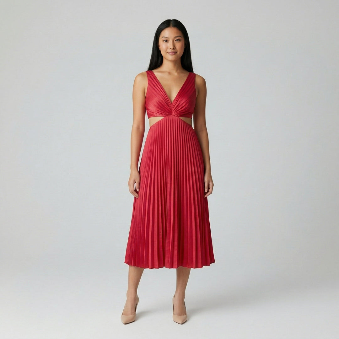 Rotes Midikleid mit V-Ausschnitt, seitlichem Cutout und Plisseerock, Vorderansicht