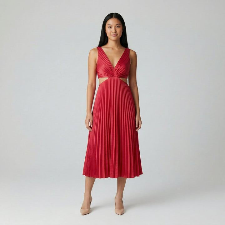 Rotes Midikleid mit V-Ausschnitt, seitlichem Cutout und Plisseerock, Vorderansicht